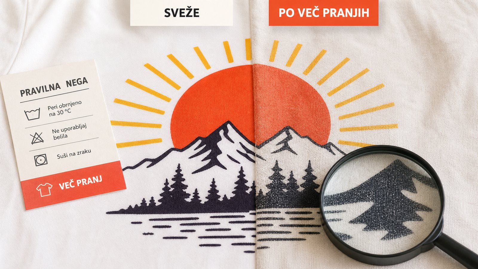 Ilustracija vodiča: Koliko pranj zdrži tisk na majici in zakaj se kdaj lušči?