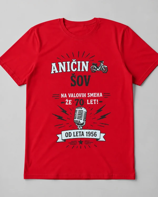 Rdeča majica za jubilej z napisom Aničin šov in letnico 1956