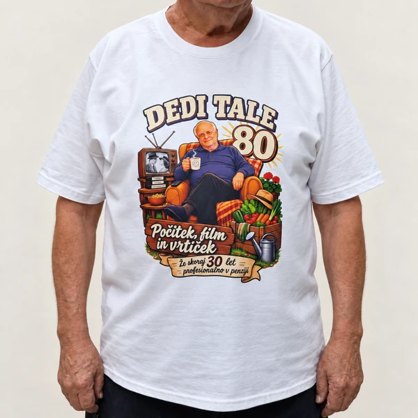 Jubilejna majica za 80 let z ilustracijo dedka v naslanjaču ter motivi filma in vrtička