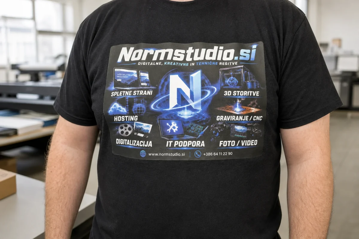 Črna dejansko izdelana poslovna majica z velikim polnobarvnim motivom