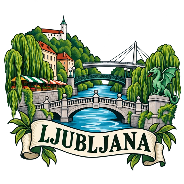 Predogled motiva Ljubljana z mostovi čez Ljubljanico za tisk na majico