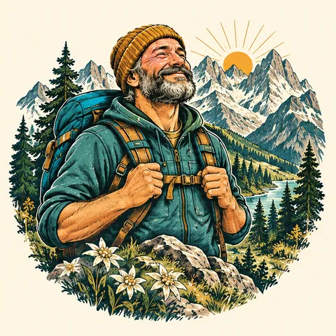 Ilustrativni AI motiv pohodnika z rumeno kapo.