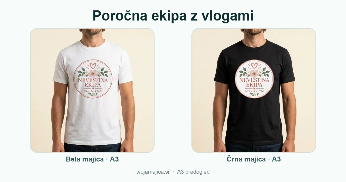 Predogled motiva Nevestina ekipa z imenom neveste in datumom na beli in črni majici